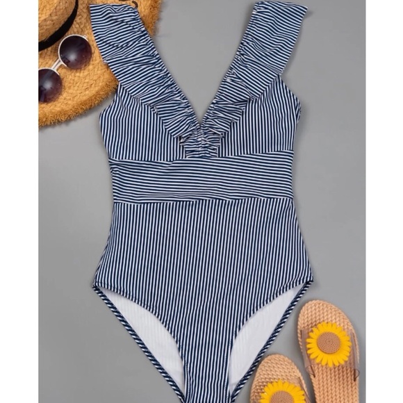 Pin Stripe Ruffle One Piece Swimsuit - Picture 2 of 3